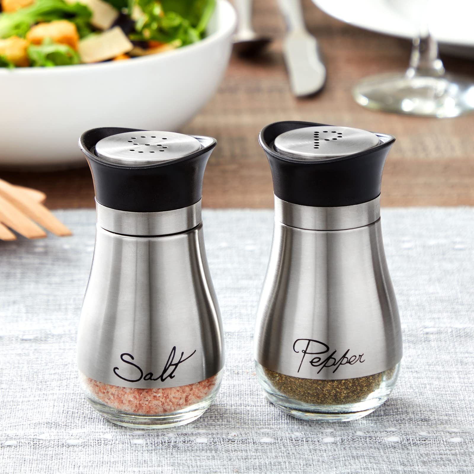 Stainless Steel Salt and Pepper Shaker Set with Transparent Glass Bottoms  Screw-Off Caps  and Perforated ''S'' and ''P'' Designs for Modern Kitchen Accessories (4oz)